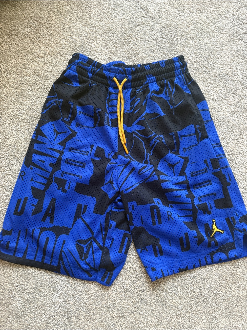 Jordan Blue and Black Graphic Athletic Shorts with Yellow Drawcord